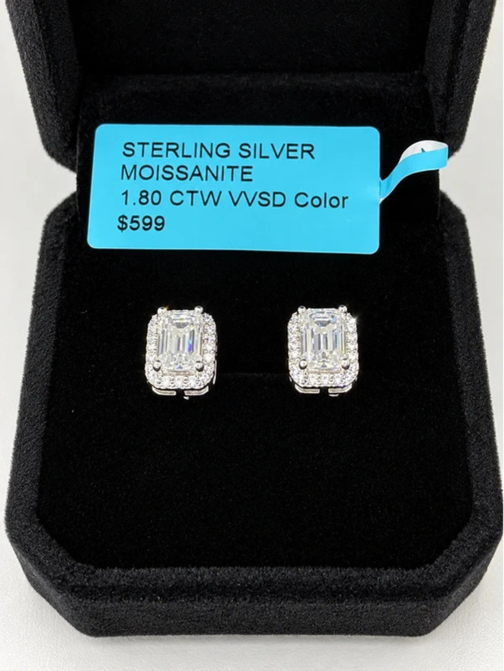#716 Sterling Silver Moissanite Emerald Cut Halo Stud Earrings 1.80 CTW